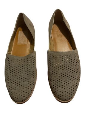 Sun + Stone Taupe Perforated Suede Slip-Ons